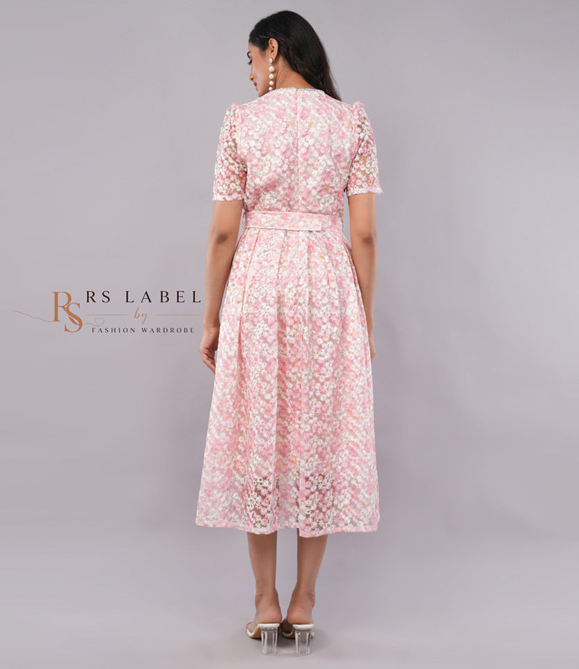 Pink Floral Lace Belted Midi Dress - back view