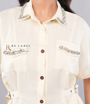 Ivory Embellished Collar Shirt & Pants Co-ord Set