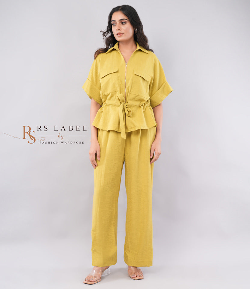 Mustard Wrap Top & Wide-Leg Trouser Co-ord Set