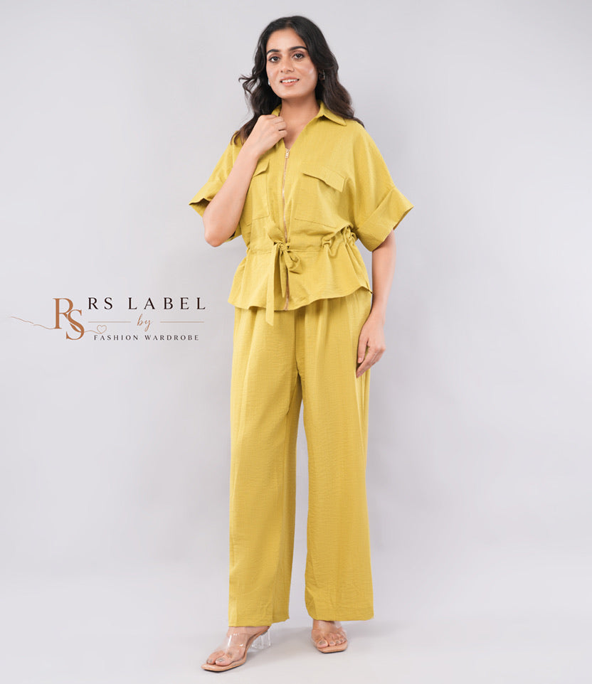 Mustard Wrap Top & Wide-Leg Trouser Co-ord Set