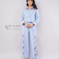 Sky Blue Lace-Yoke Crop Jacket & Wide-Leg Pants Set
