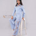 Light Blue Lace-Yoke Cropped Jacket & Pants Co-ord Set - front view