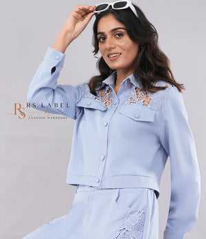 Light Blue Lace-Yoke Cropped Jacket & Pants Co-ord Set - close-up detail