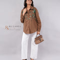 Brown Sequin Floral Embroidered Shirt - front view