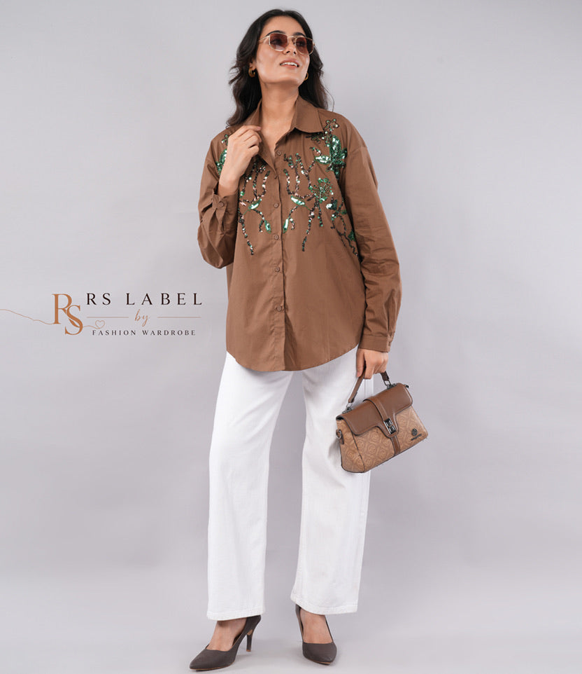 Brown Sequin Floral Embroidered Shirt - front view