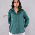 Teal Green Satin Rhinestone Oversized Shirt