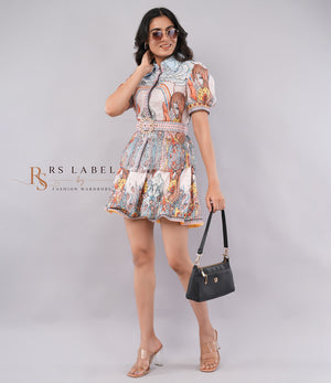 Multicolor Printed Peplum Top & Skirt Set