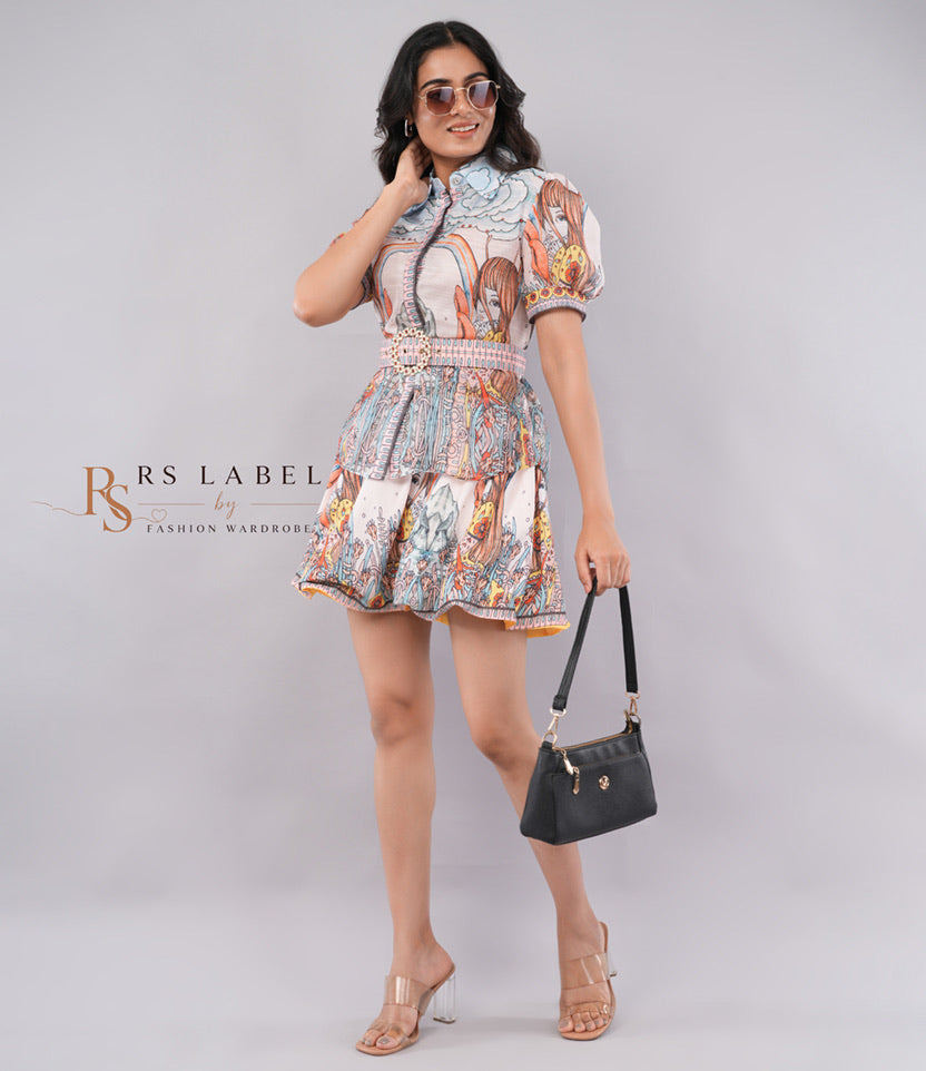 Multicolor Printed Peplum Top & Skirt Set