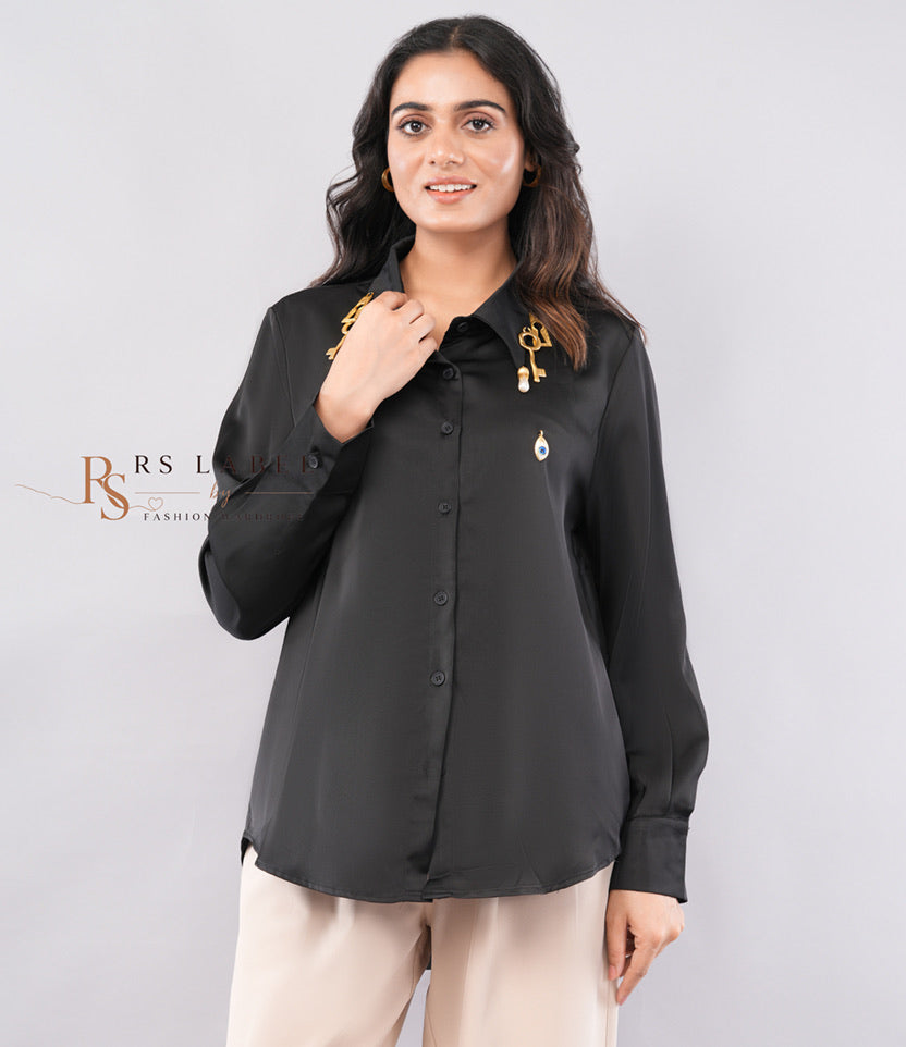 Black Satin Shirt with Gold Charm Detail