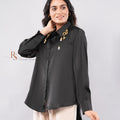 Black Satin Shirt with Gold Key Charm Detail - front view