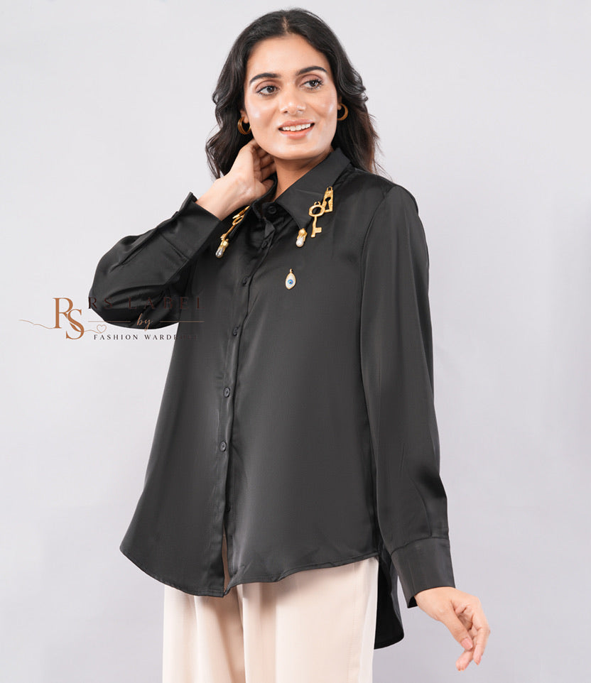 Black Satin Shirt with Gold Key Charm Detail - front view