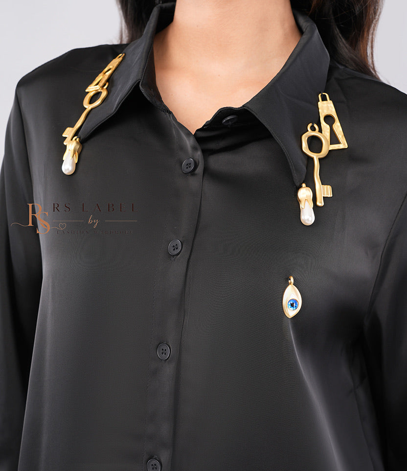 Black Satin Shirt with Gold Key Charm Detail - close-up detail