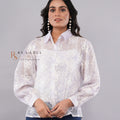 White Floral Embroidered Sheer Shirt with Crochet Collar