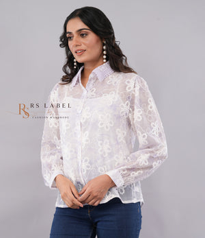 White Sheer Floral Lace Shirt - front view