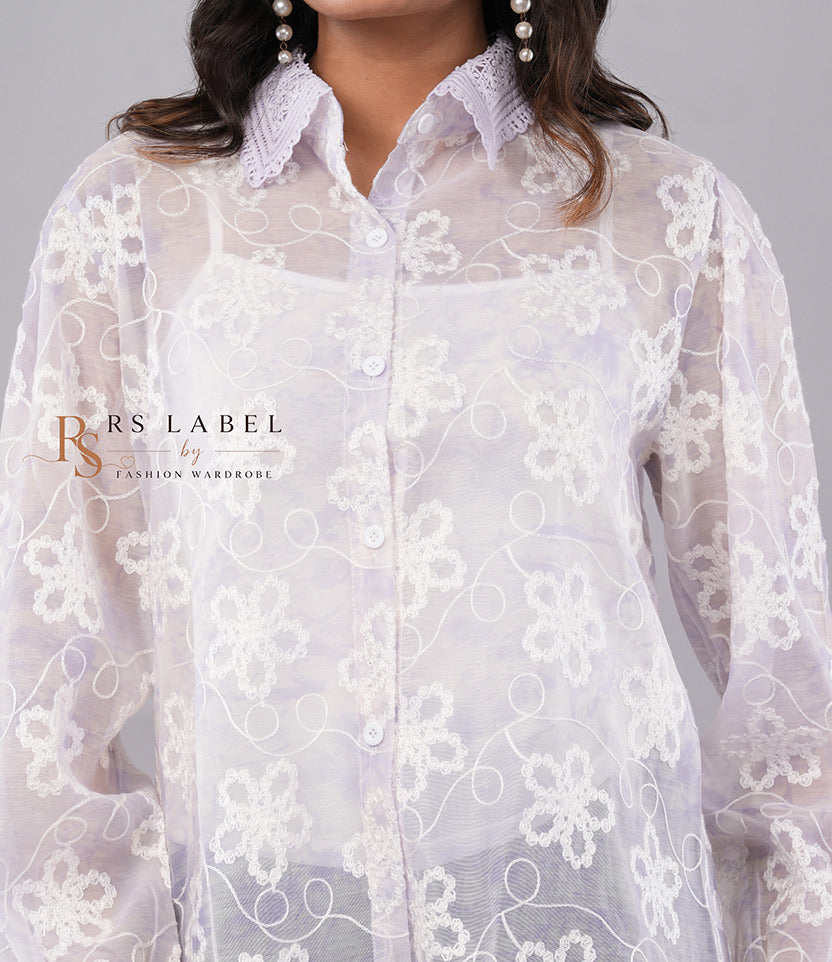 White Sheer Floral Lace Shirt - close-up detail