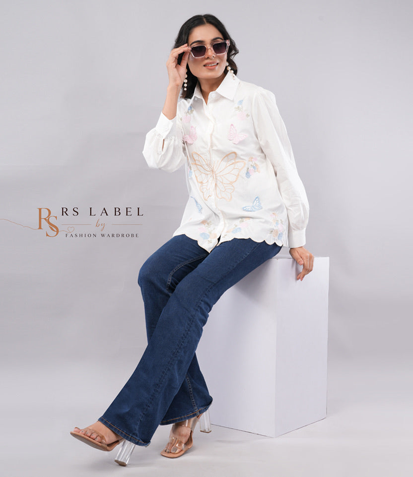White Butterfly Embroidered Shirt - front view