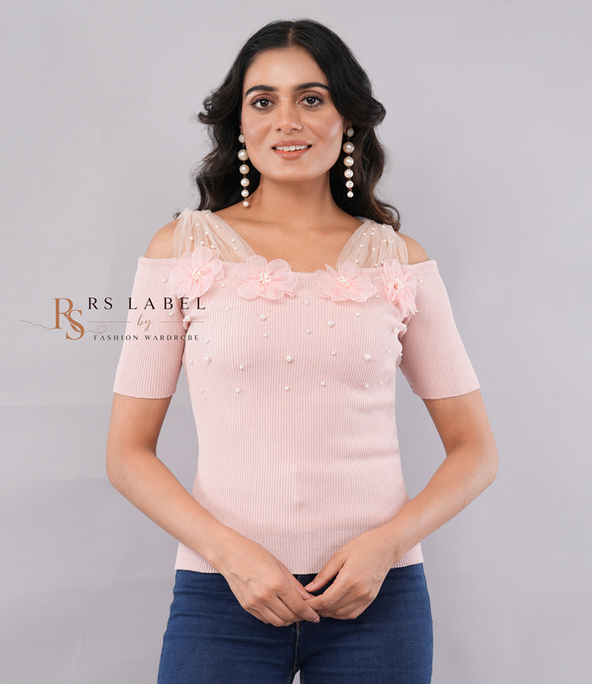 Blush Pink Pearl Floral Off-Shoulder Knit Top