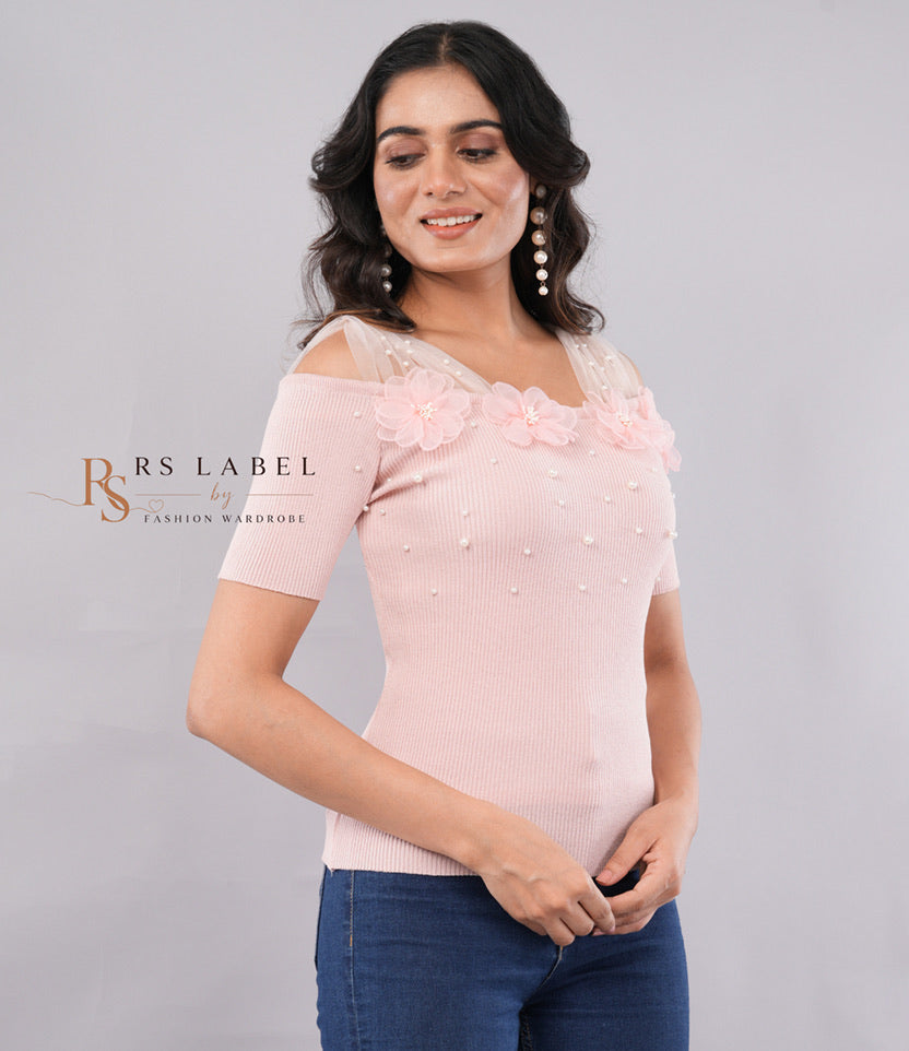 Blush Pink Pearl Floral Off-Shoulder Knit Top