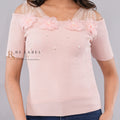 Pink Ribbed Off-Shoulder Floral Applique Top