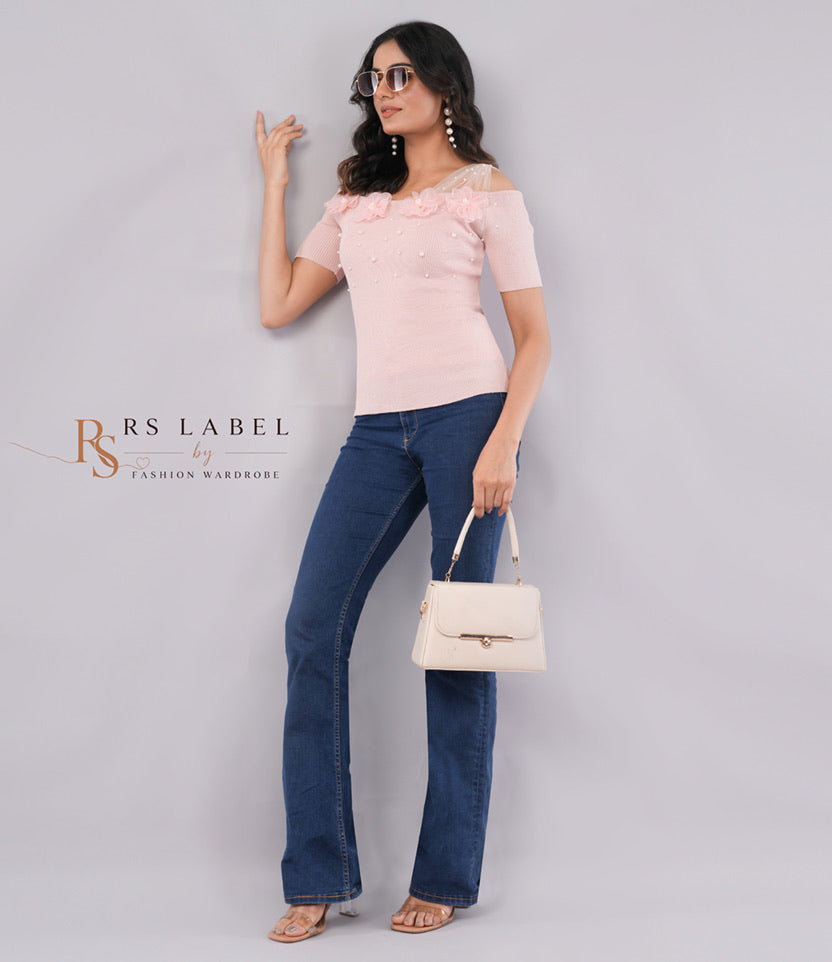 Pink Ribbed Off-Shoulder Floral Applique Top