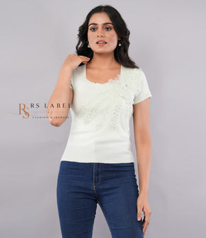 Mint Green Floral Applique Top