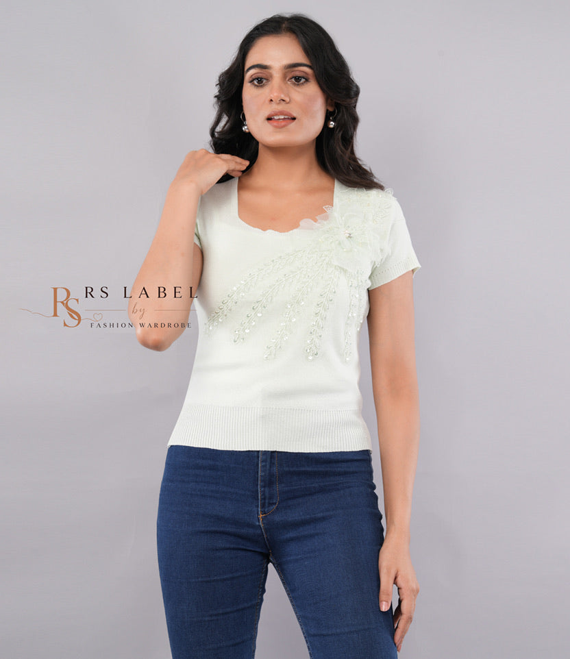 Mint Green Floral Applique Top