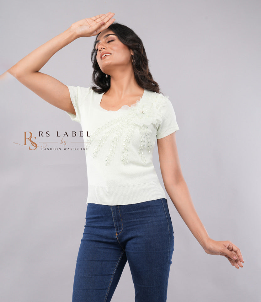 Mint Green Sequin Floral Applique Knit Top