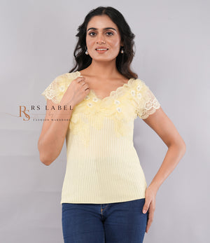 Yellow Ribbed Floral Lace Top