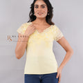 Yellow Lace Floral Applique Ribbed Top