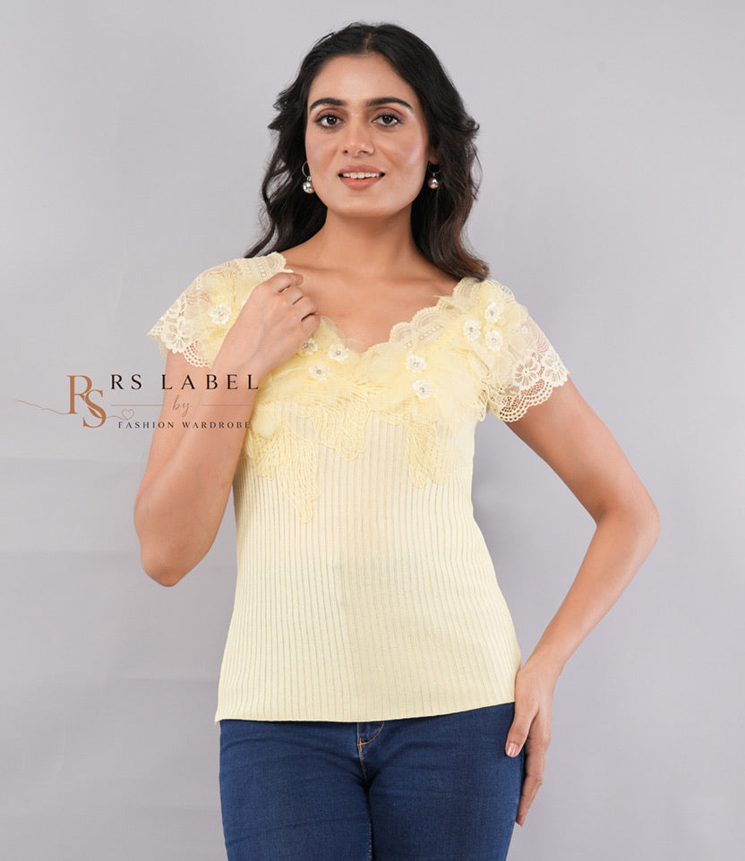 Yellow Lace Floral Applique Ribbed Top