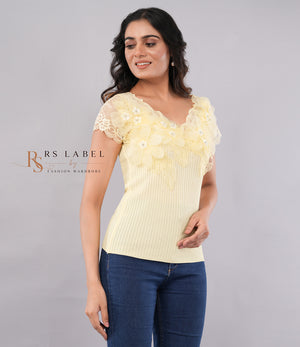 Yellow Ribbed Floral Lace Top
