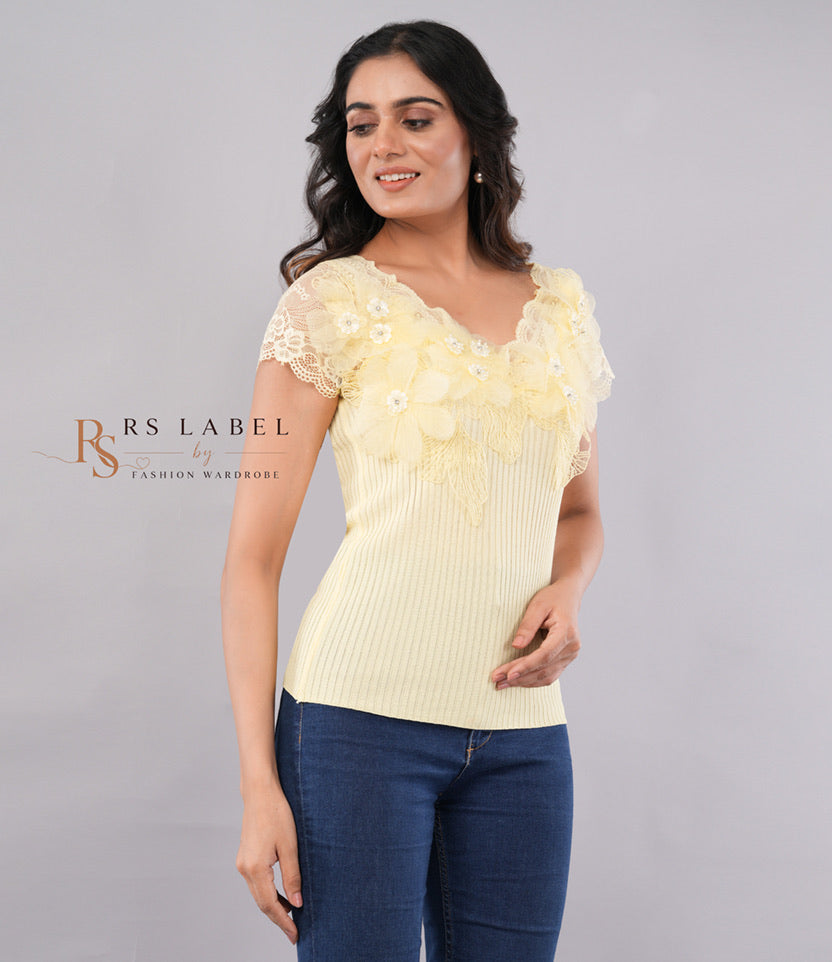 Yellow Ribbed Floral Lace Top