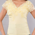 Pale Yellow Lace Flower Applique Top - front view