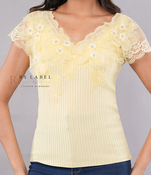 Pale Yellow Lace Flower Applique Top - front view