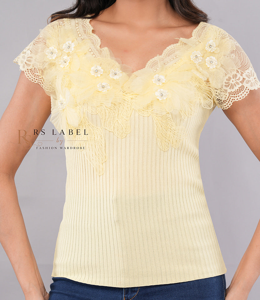 Pale Yellow Lace Flower Applique Top - front view