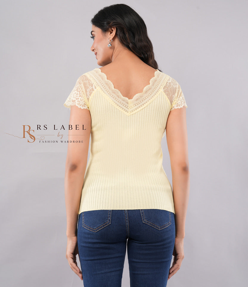 Pale Yellow Lace Flower Applique Top - back view