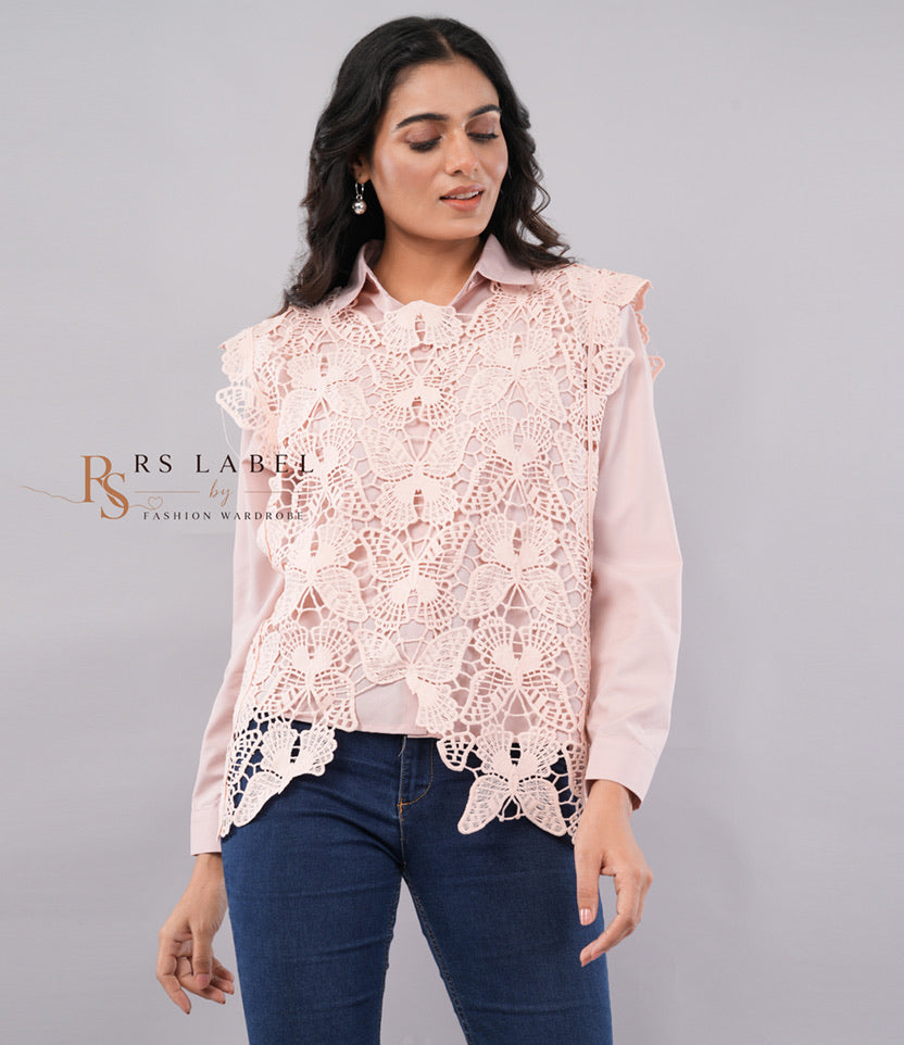 Blush Pink Crochet Lace Blouse – Long Sleeve