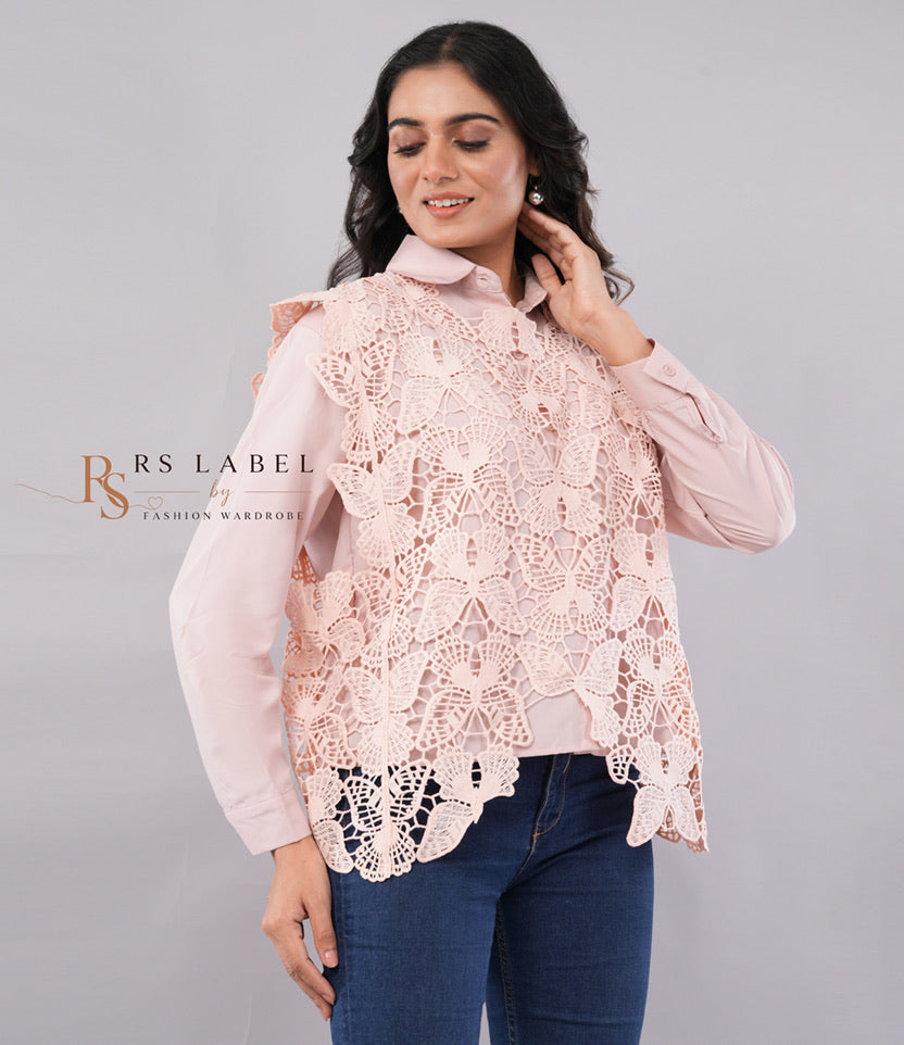 Blush Pink Butterfly Lace Overlay Shirt