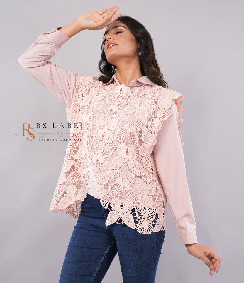 Blush Pink Butterfly Lace Overlay Shirt