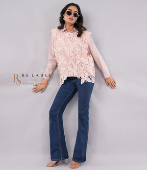 Blush Pink Butterfly Lace Overlay Shirt