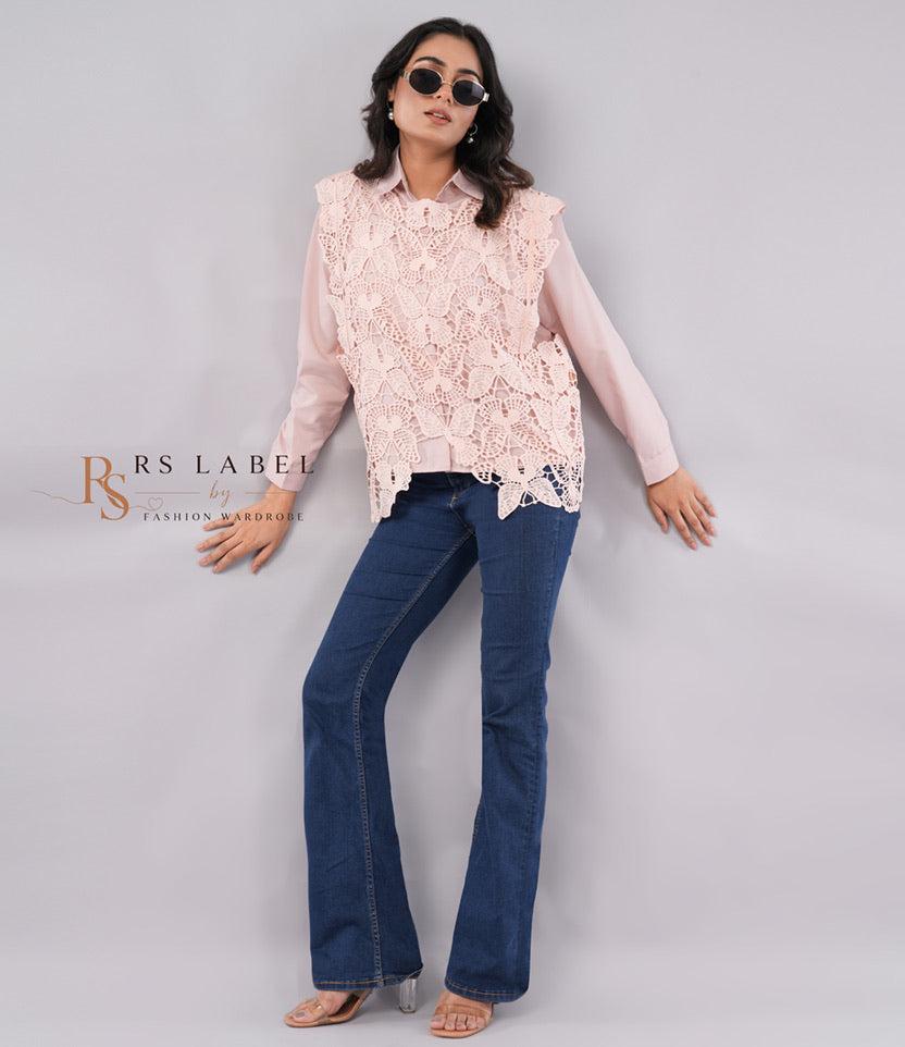 Blush Pink Butterfly Lace Overlay Shirt