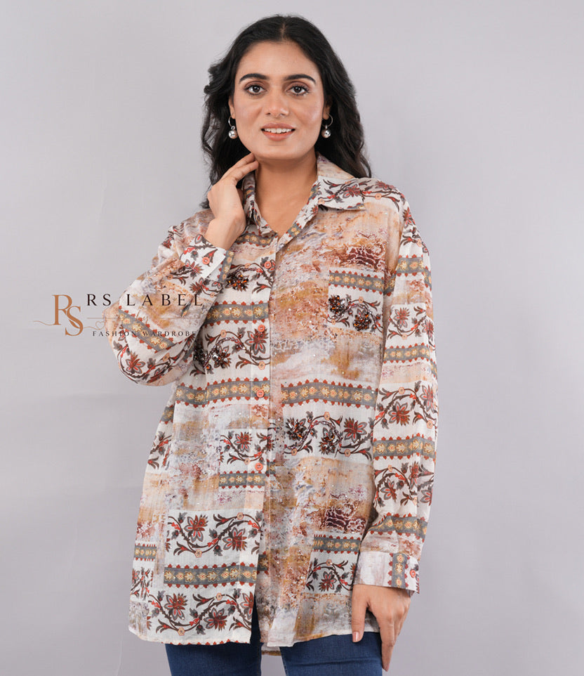 Multicolor Patchwork Floral Print Tie-Front Shirt