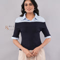 Navy Ribbed Top with Blue Shirt Collar (Batch 2)
