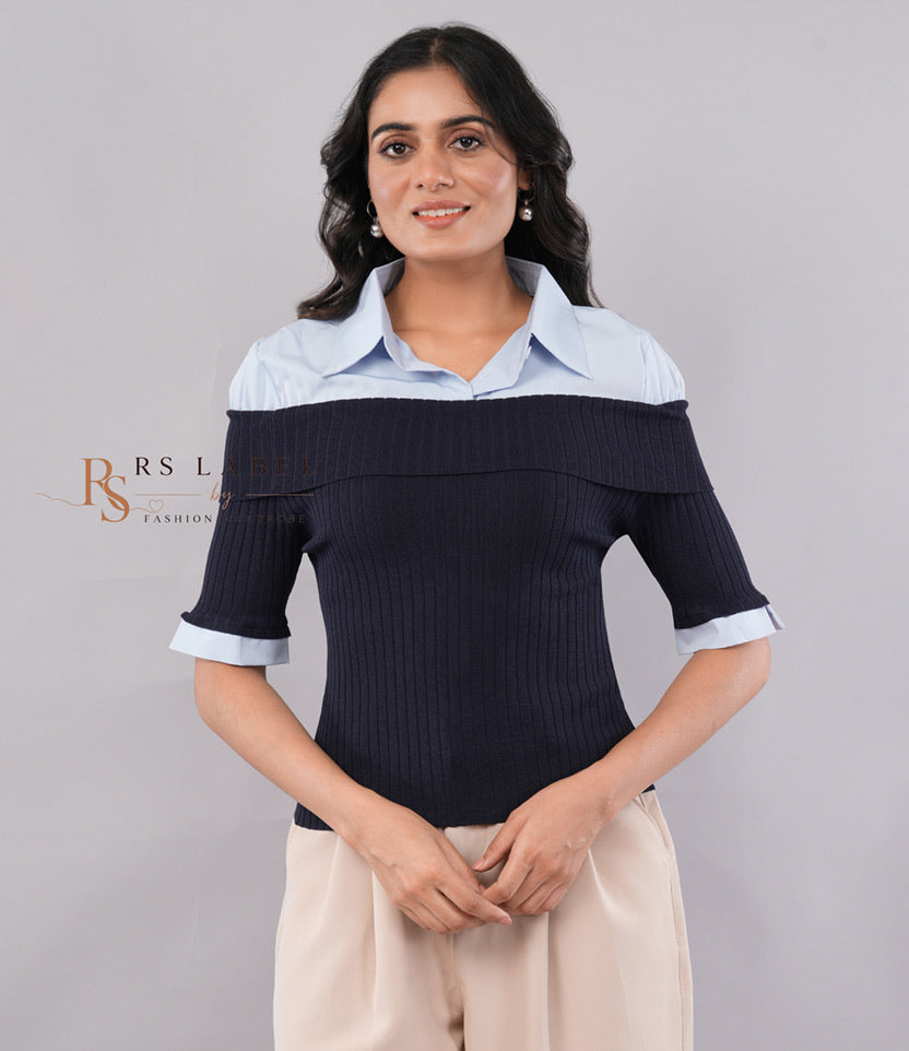 Navy Ribbed Top with Blue Shirt Collar (Batch 2)