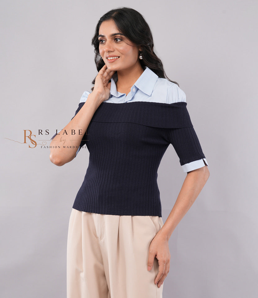 Navy Ribbed Top with Blue Shirt Collar (Batch 2)