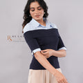 Navy Off-Shoulder Rib Knit Top with Shirt Collar - front view