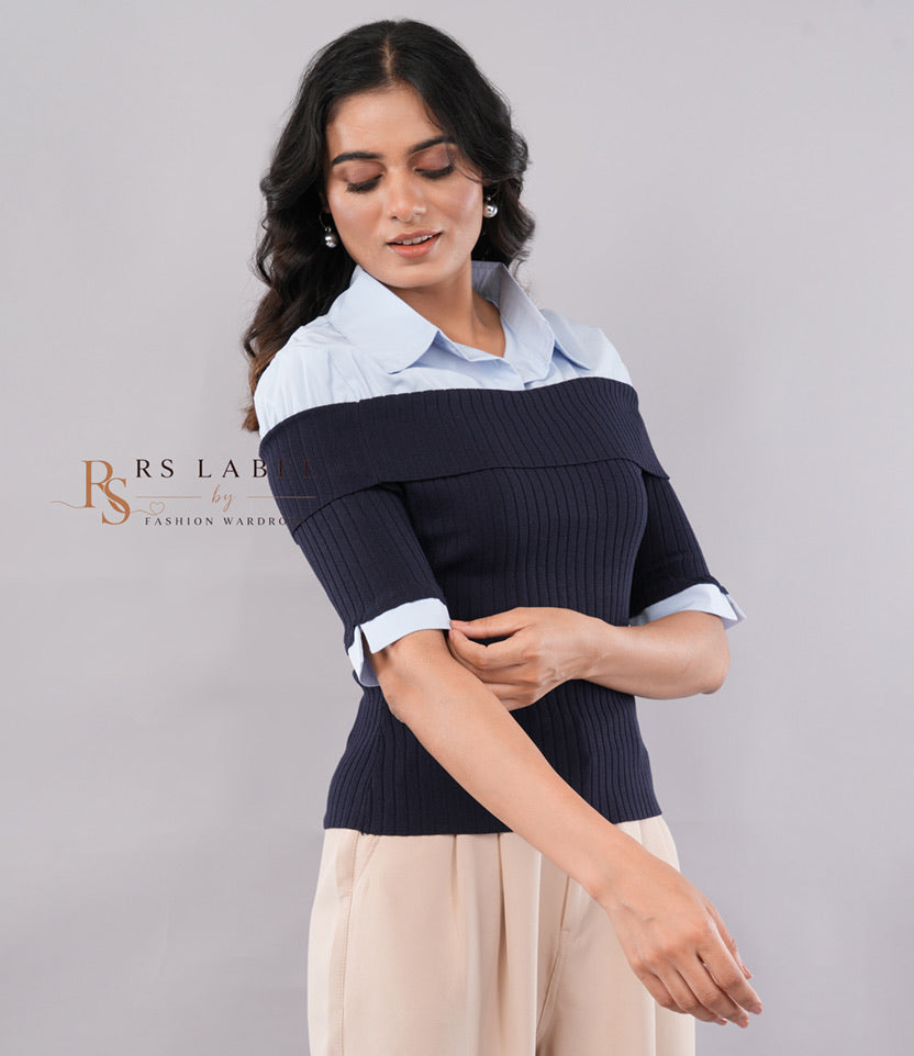 Navy Off-Shoulder Rib Knit Top with Shirt Collar - front view