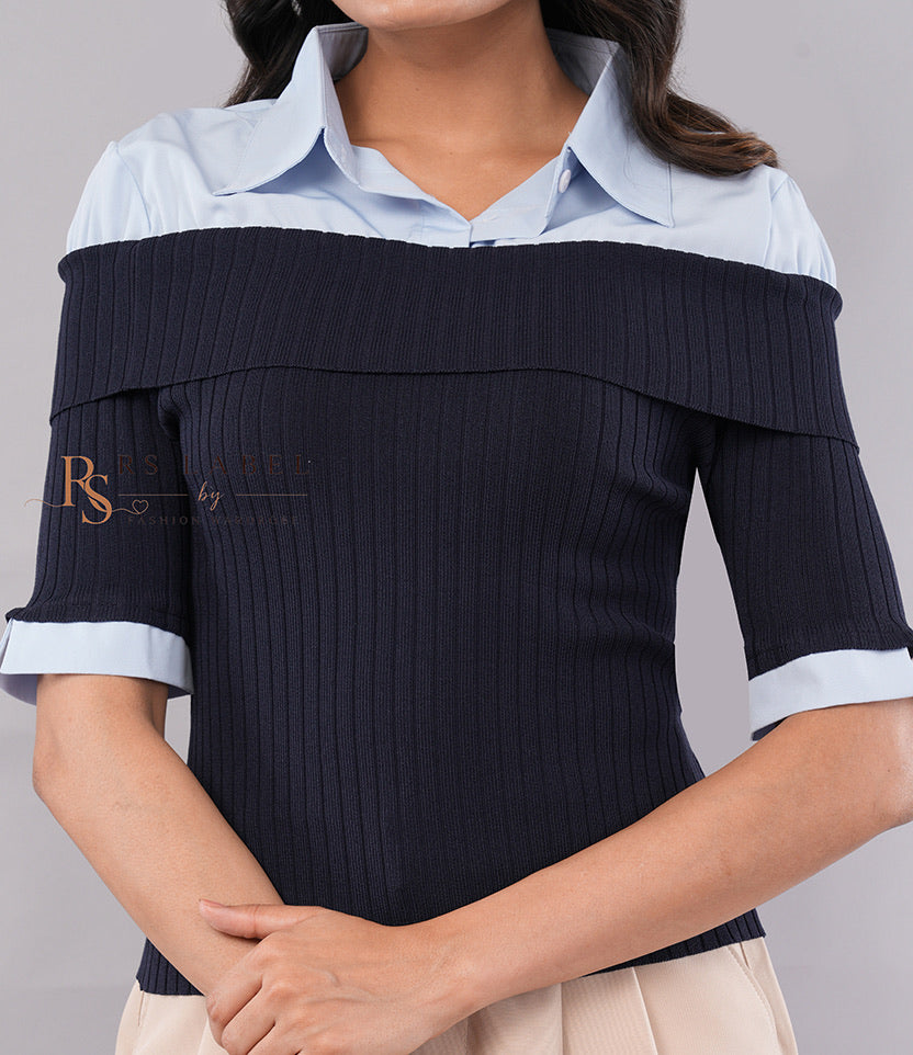 Navy Ribbed Top with Blue Shirt Collar