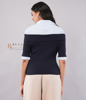 Navy Off-Shoulder Rib Knit Top with Shirt Collar - back view