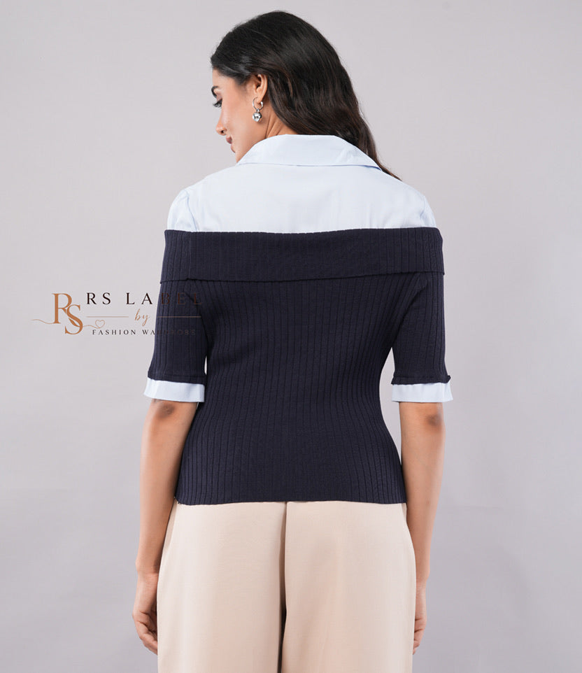 Navy Off-Shoulder Rib Knit Top with Shirt Collar - back view
